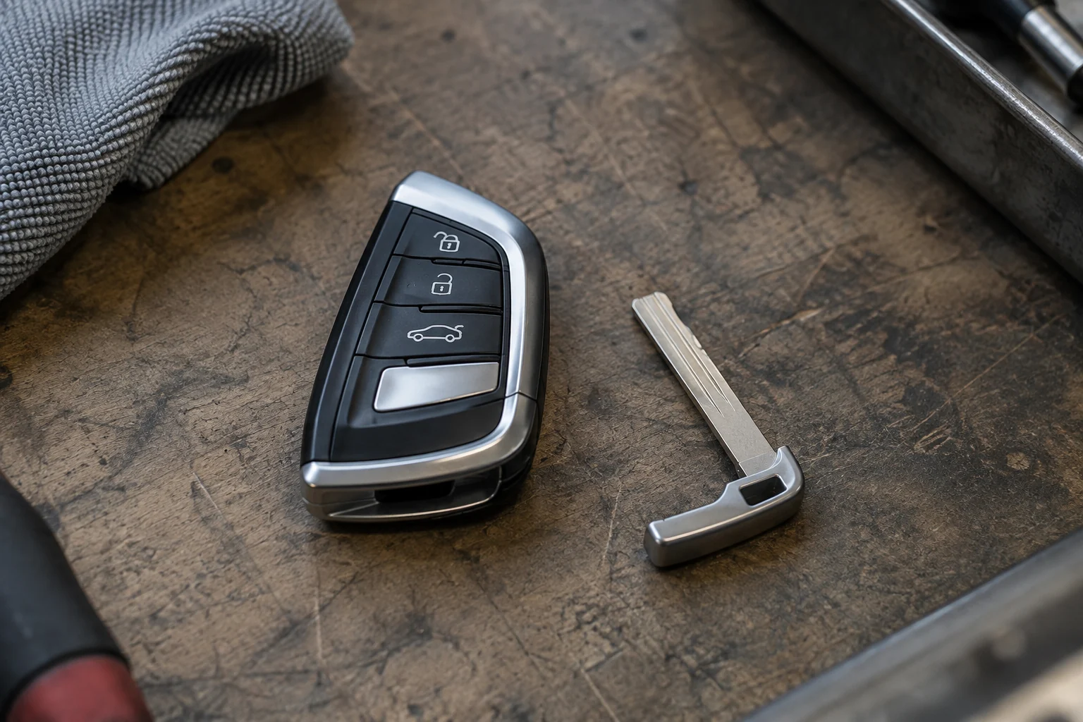 An automotive remote fob and a separate metal emergency key blade on a work surface