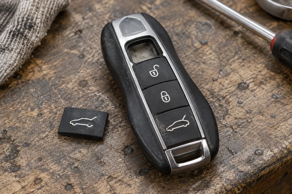 Three-button car remote with a loose button piece beside it on a workbench