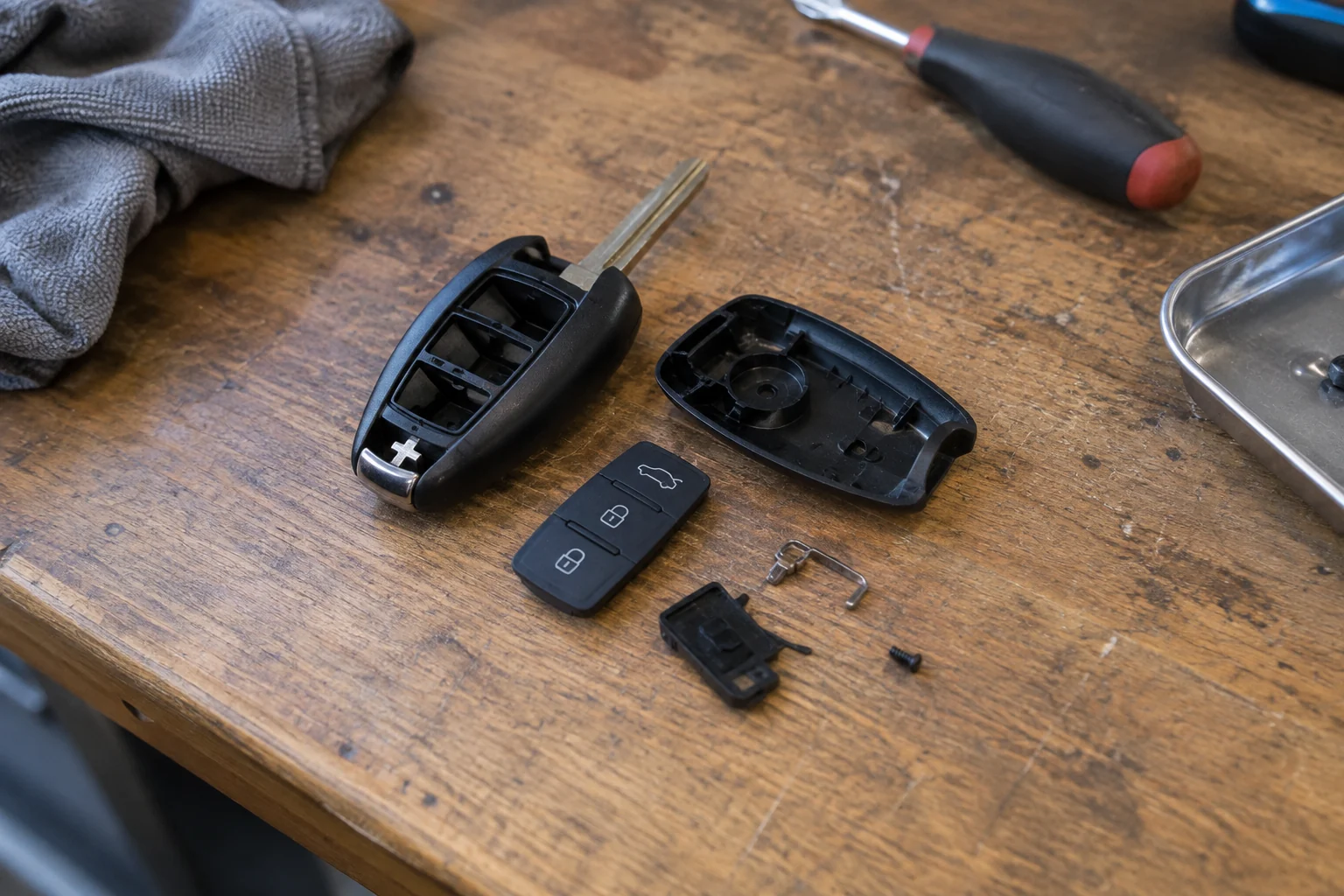 Replacement remote housing and its supplied pieces laid out on a workbench