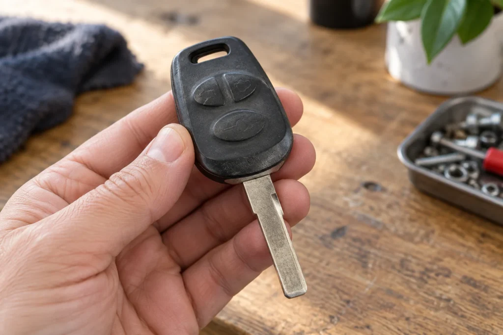 Hand inspecting a worn three-button car key with its metal blade visible.