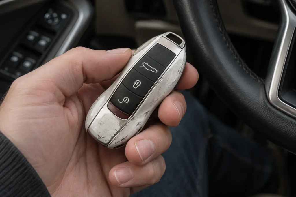 A driver holds a scuffed key fob inside a parked car.