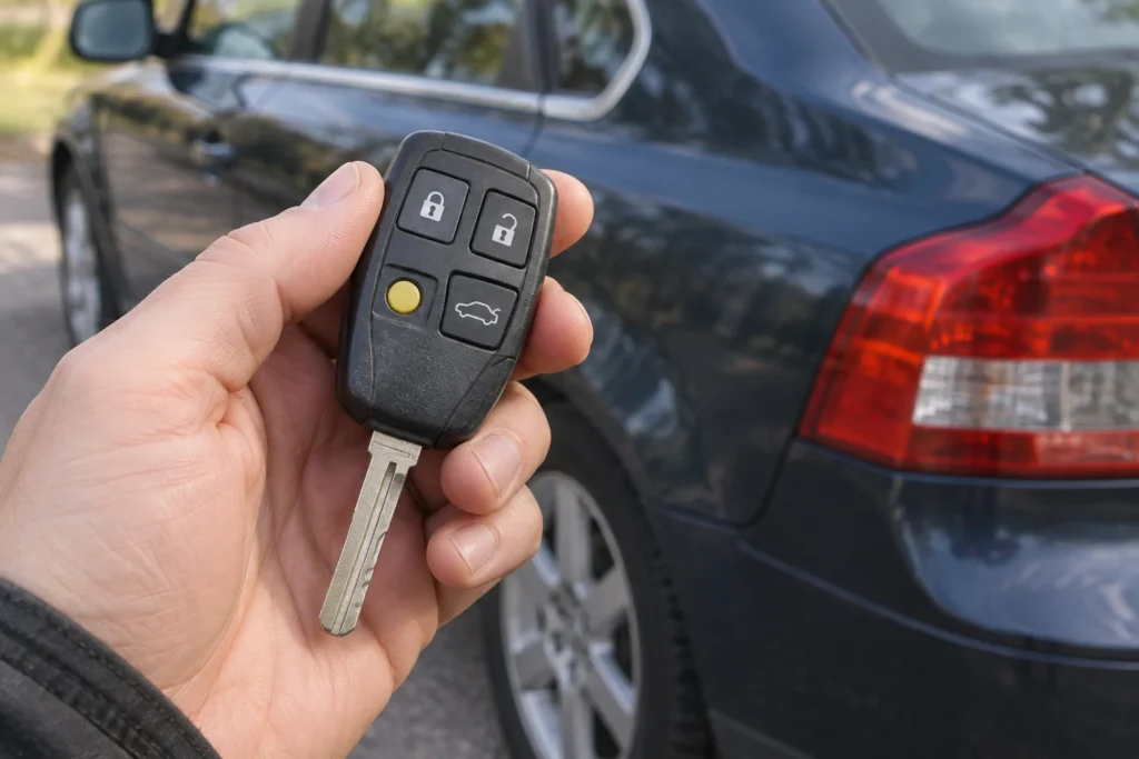 Hand holding a worn car key fob beside a parked car.