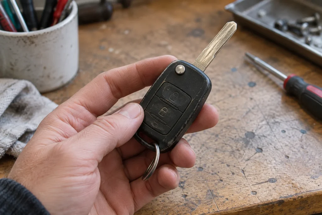 A hand examines a worn car key fob on a workbench.